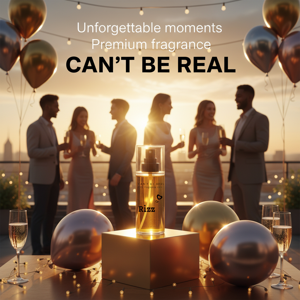 CAN'T BE REAL Rizz Fragrance Mist rooftop party ad