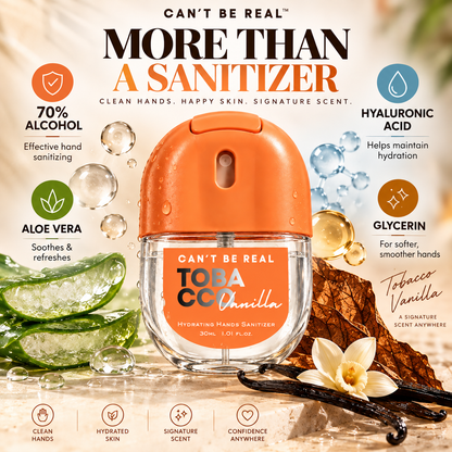 Tobacco Vanilla Hand Sanitizer Spray in hand by CAN'T BE REAL