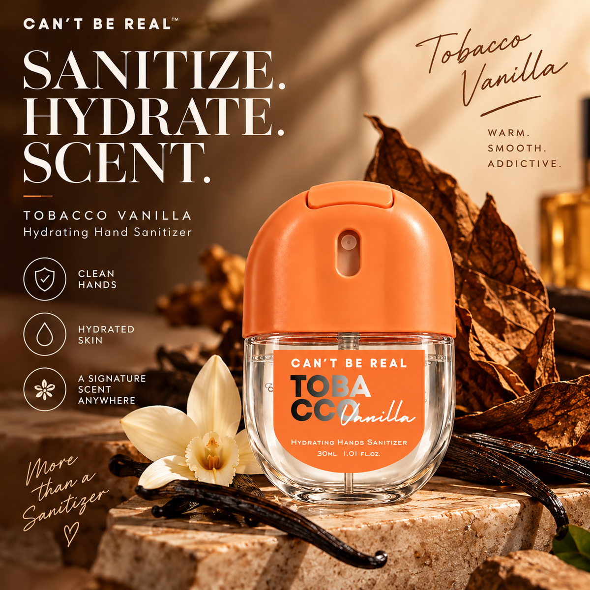 Tobacco Vanilla Hand Sanitizer Spray packaging